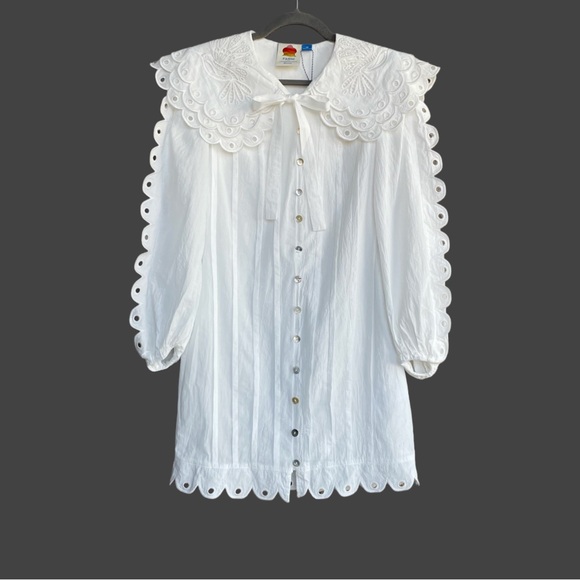 FARM RIO ANTHRO NWT White Embroidered Peter Pan Collared Long Sleeve Mini Dress - Picture 14 of 17
